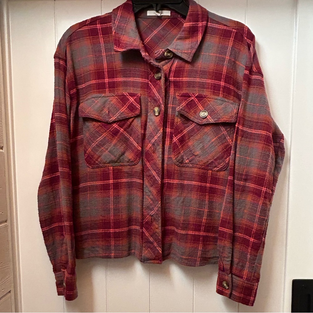 Maurices Burgundy/Orange and Blue Plaid Top
